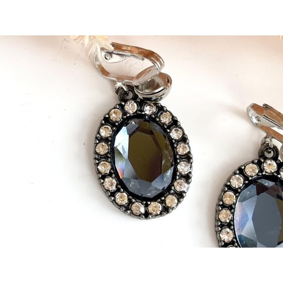 Silver Toned Faceted Oval Grey Rhinestone Halo Style Clip On Dangle Earrings - Picture 4 of 8